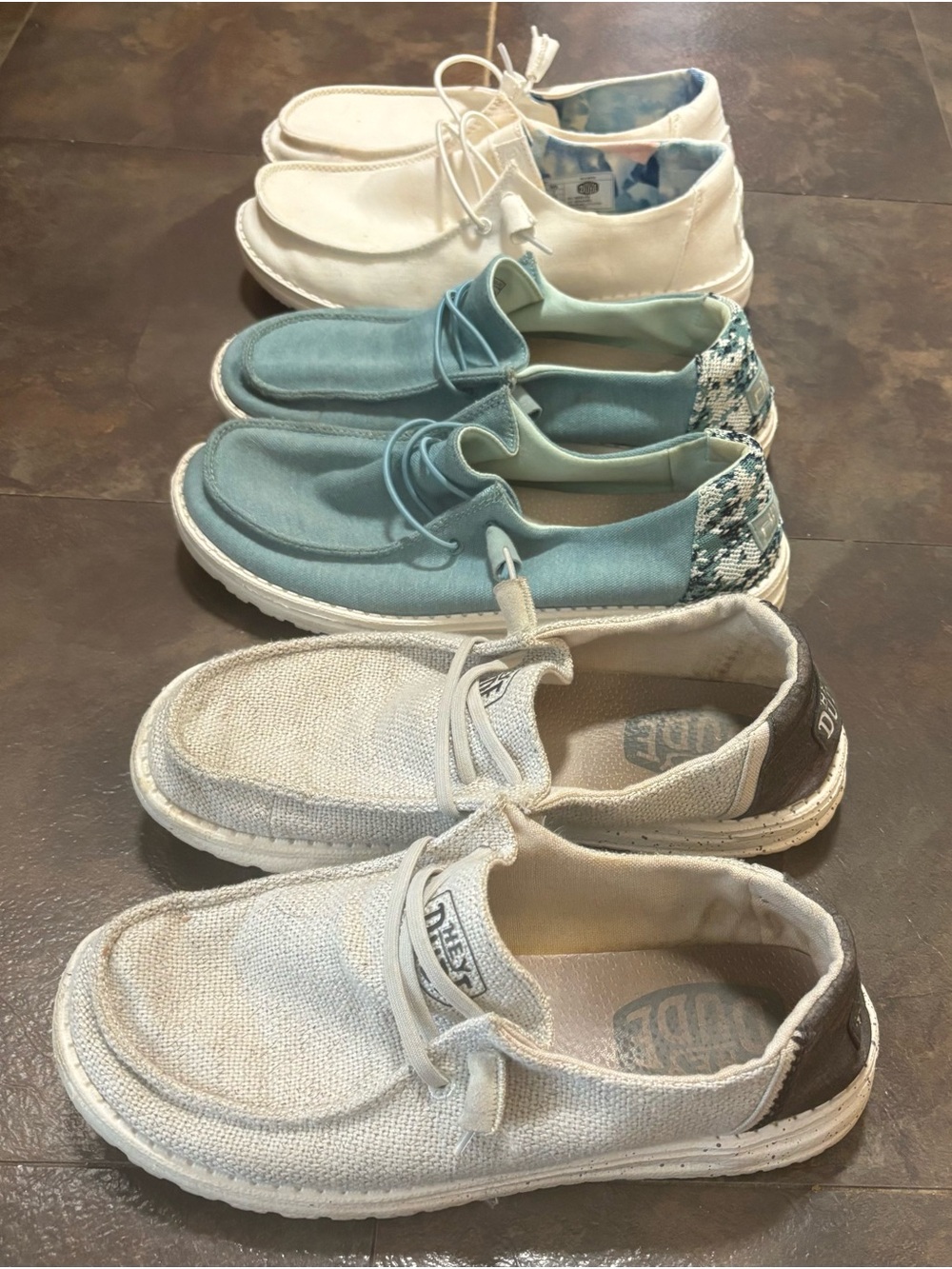 Hey Dude Kids Slip-On Moccasins in White, Teal, and Light Gray